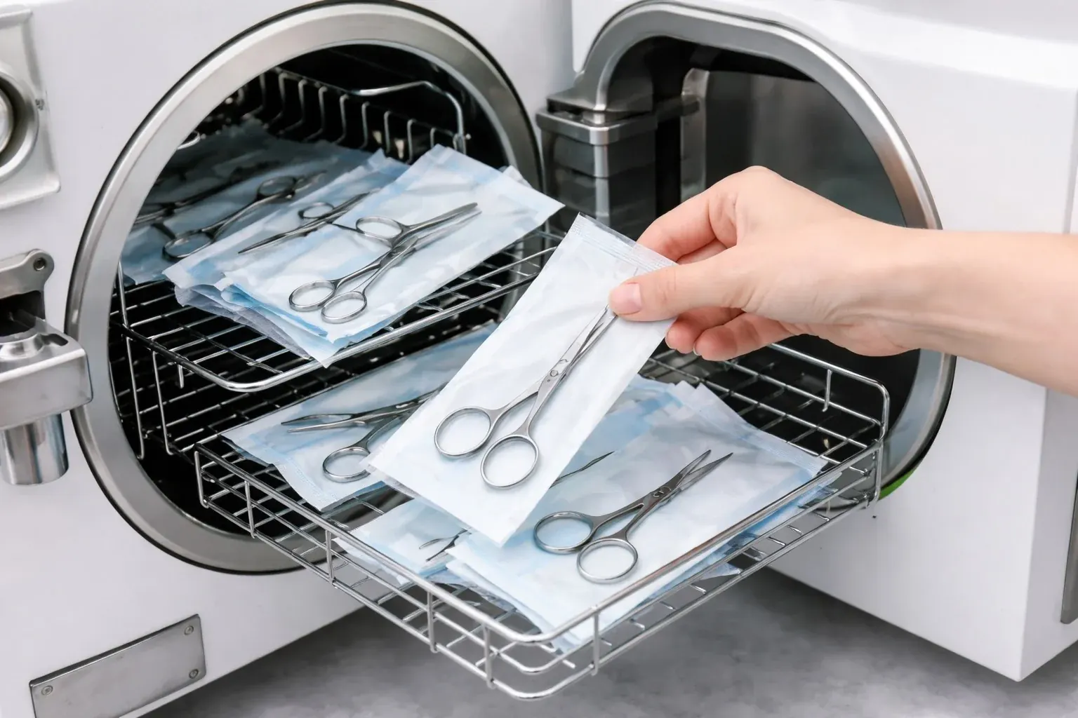 Dry-heat sterilizer (Poupinel, 180°C) and sterile pouches — ASTI NAILS Paris